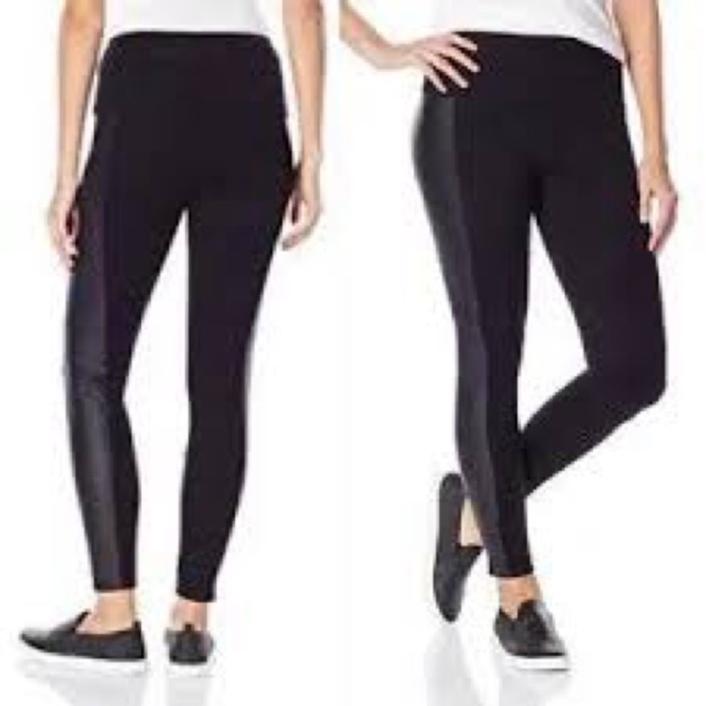 LYSSE Black Tummy Control High Rise Stretch Leggings Faux Leather Side Panel L